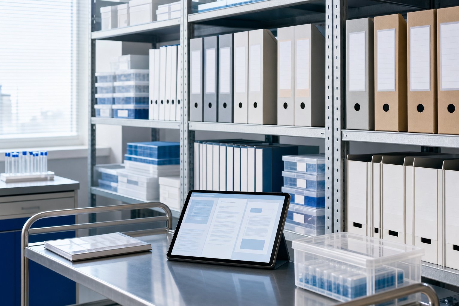 Organized laboratory archive with record binders and sample storage boxes