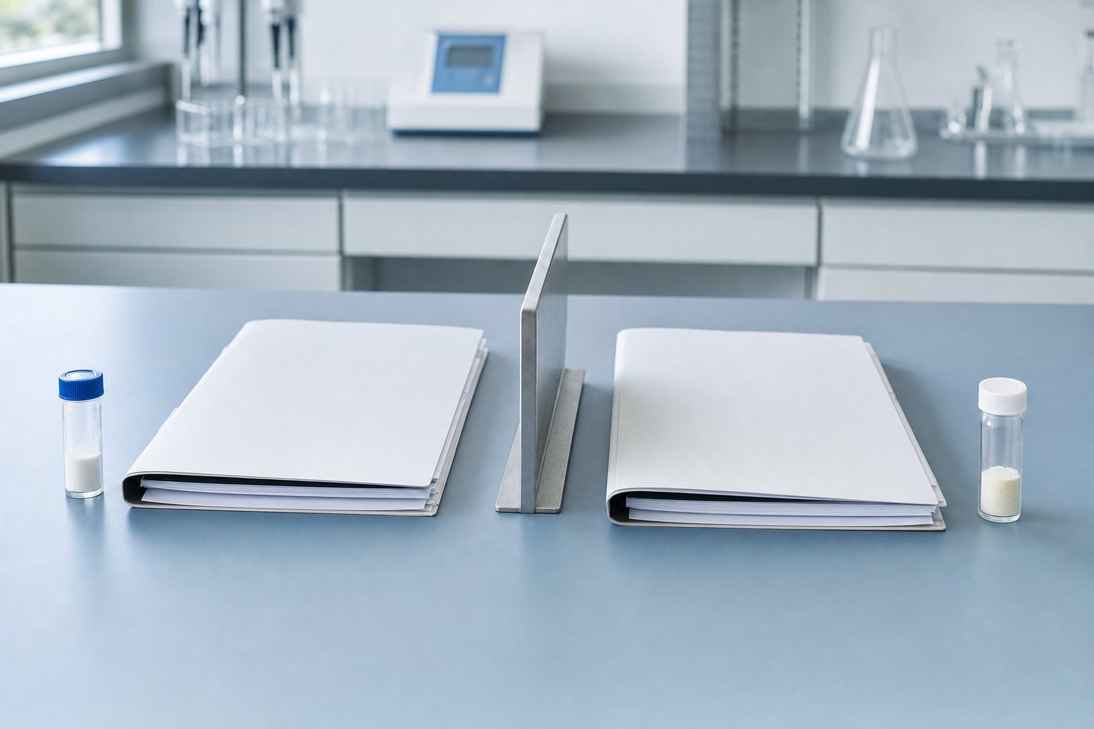 Two separate laboratory folders and vials divided by a metal separator