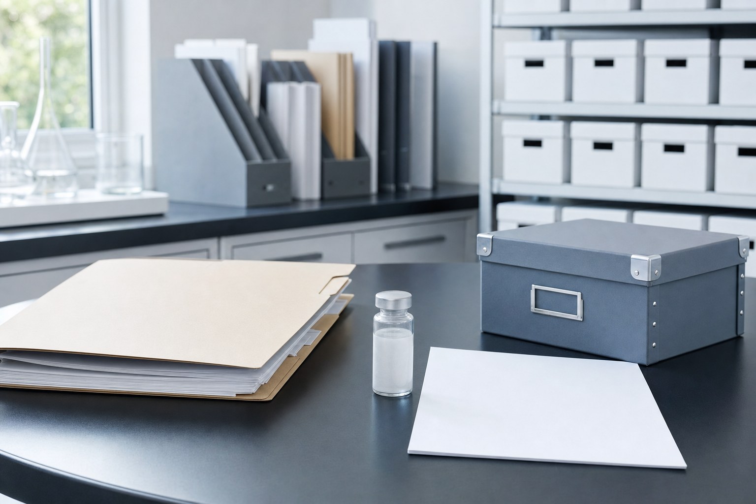 Organized laboratory documentation folders, unbranded vial, and archival storage box