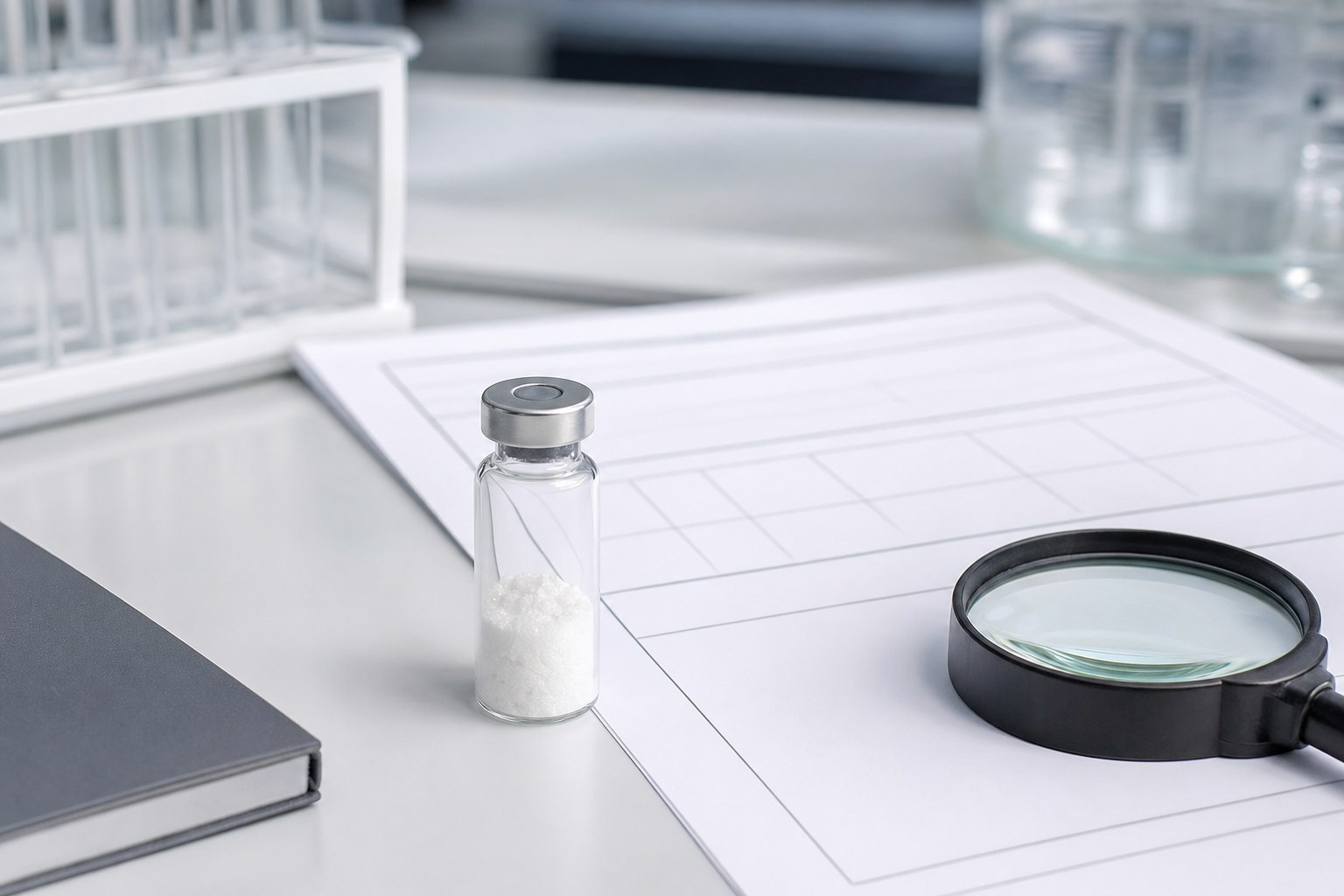 Unbranded research vial, blank analytical report, and magnifying loupe on a laboratory bench