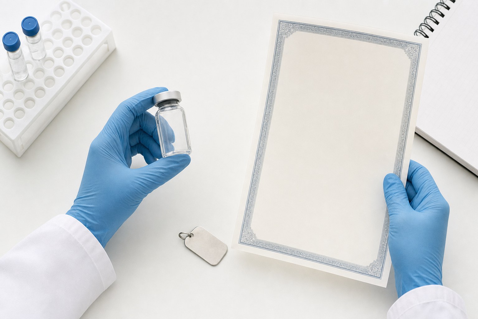 Gloved researcher comparing an unbranded vial, blank certificate, and lot tag