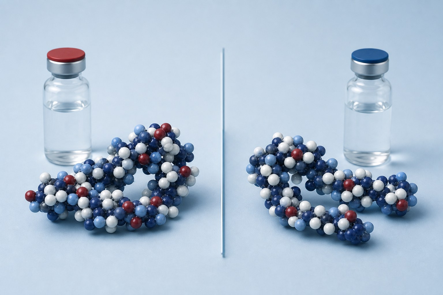 Two unbranded research vials and molecular models separated for a laboratory comparison