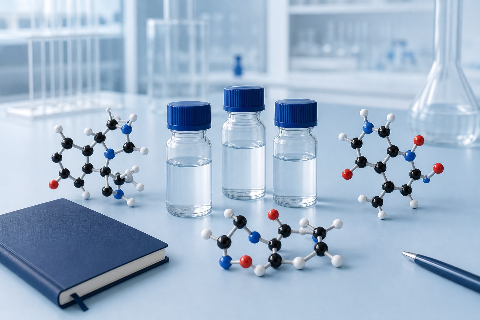 Three unbranded research vials and molecular models on a laboratory bench