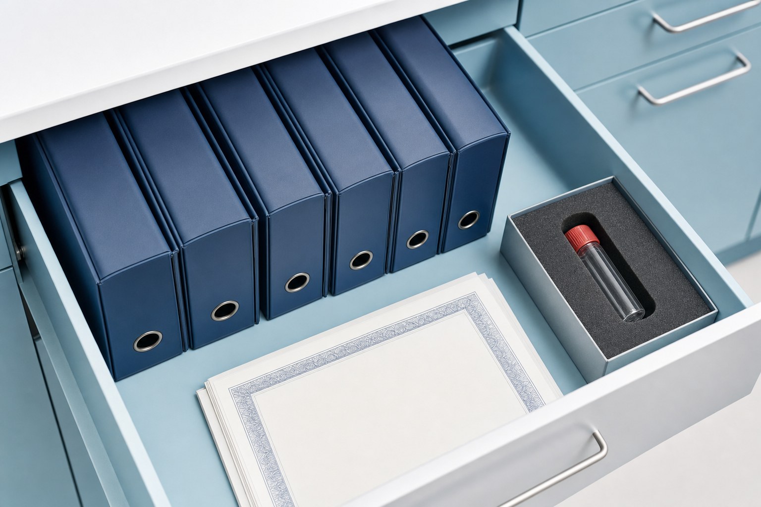 Organized laboratory documentation archive with a protected vial