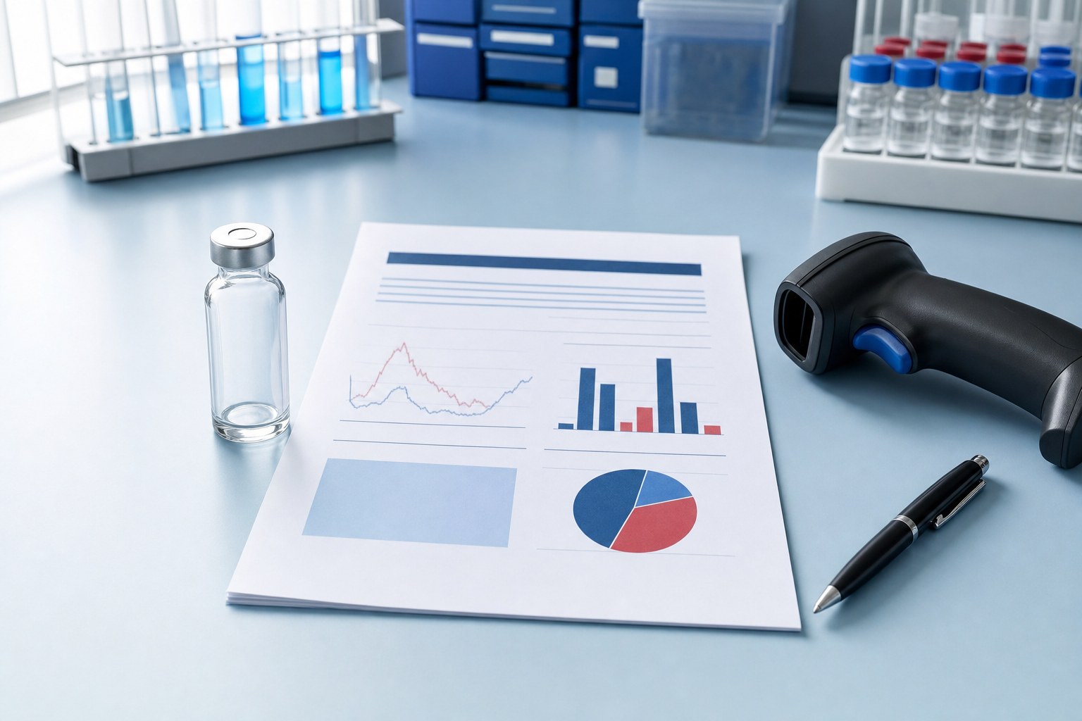 Research vial and analytical report on a laboratory bench