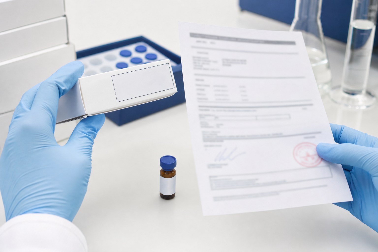 Gloved hands comparing an unmarked research package with a laboratory certificate