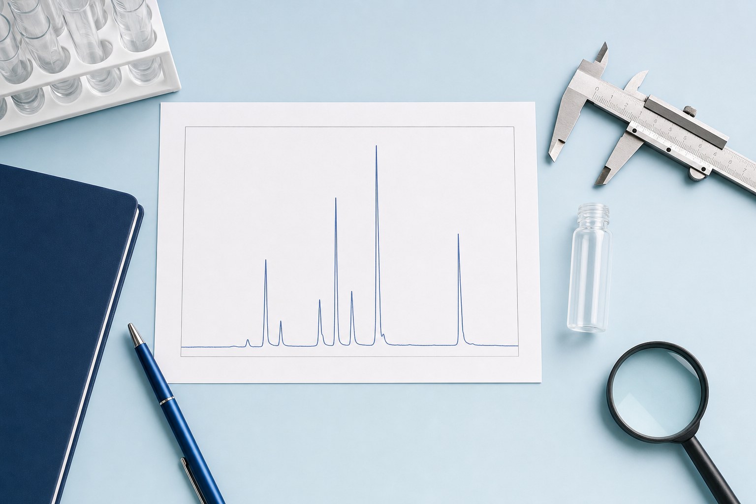 Analytical line plot and laboratory review tools on a pale blue work surface