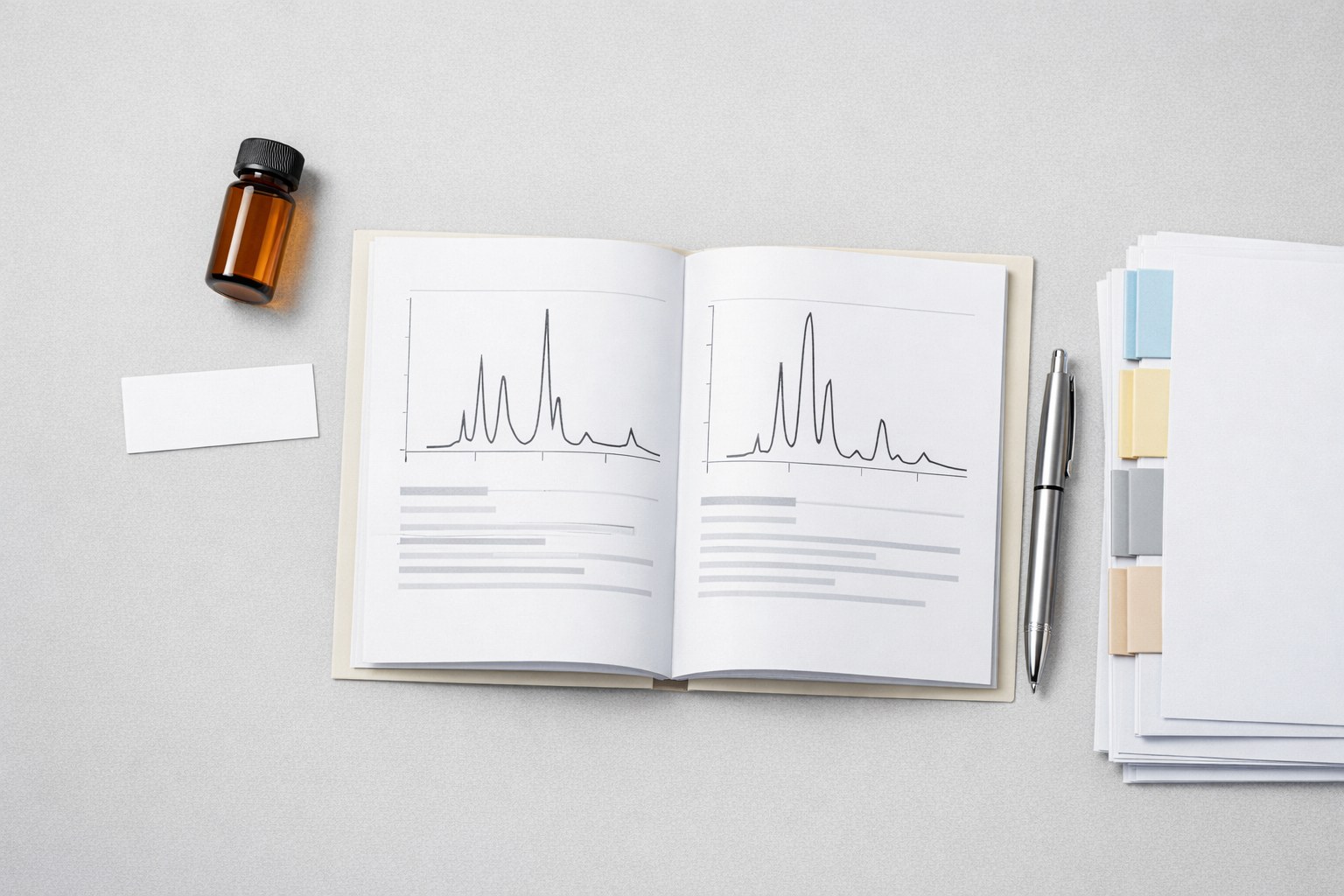 Unbranded research vial, analytical charts, and organized documentation on a laboratory bench