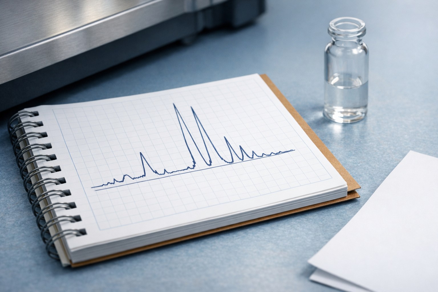 Abstract chromatogram in a laboratory notebook beside an analytical instrument
