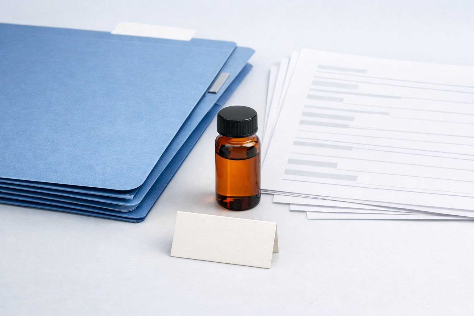 Unbranded amber research vial beside organized archival folders and blank laboratory records