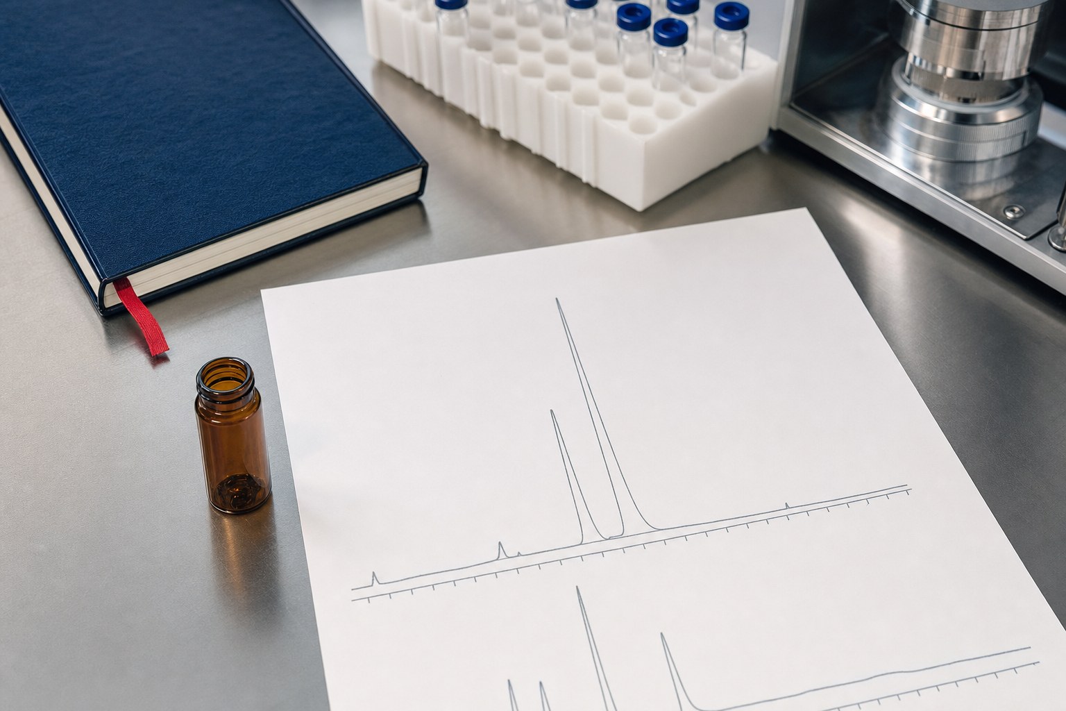 Unbranded research vial, chromatogram printout, and laboratory notebook on a stainless work surface