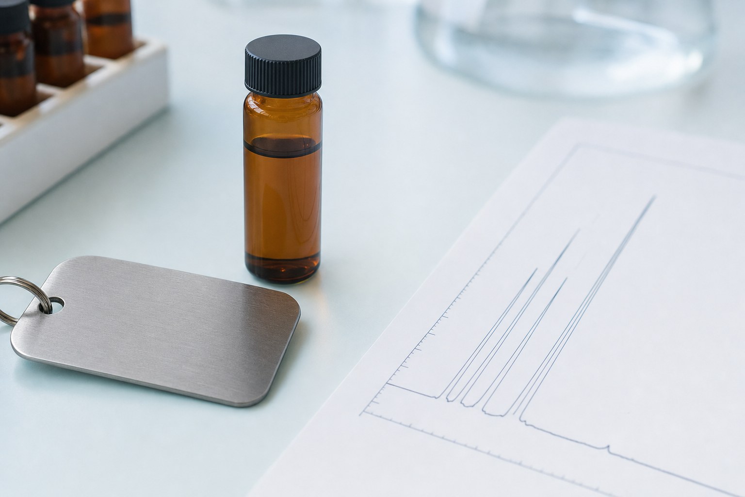 Unbranded laboratory vial, metal lot tag, and chromatogram printout arranged for a batch-record comparison