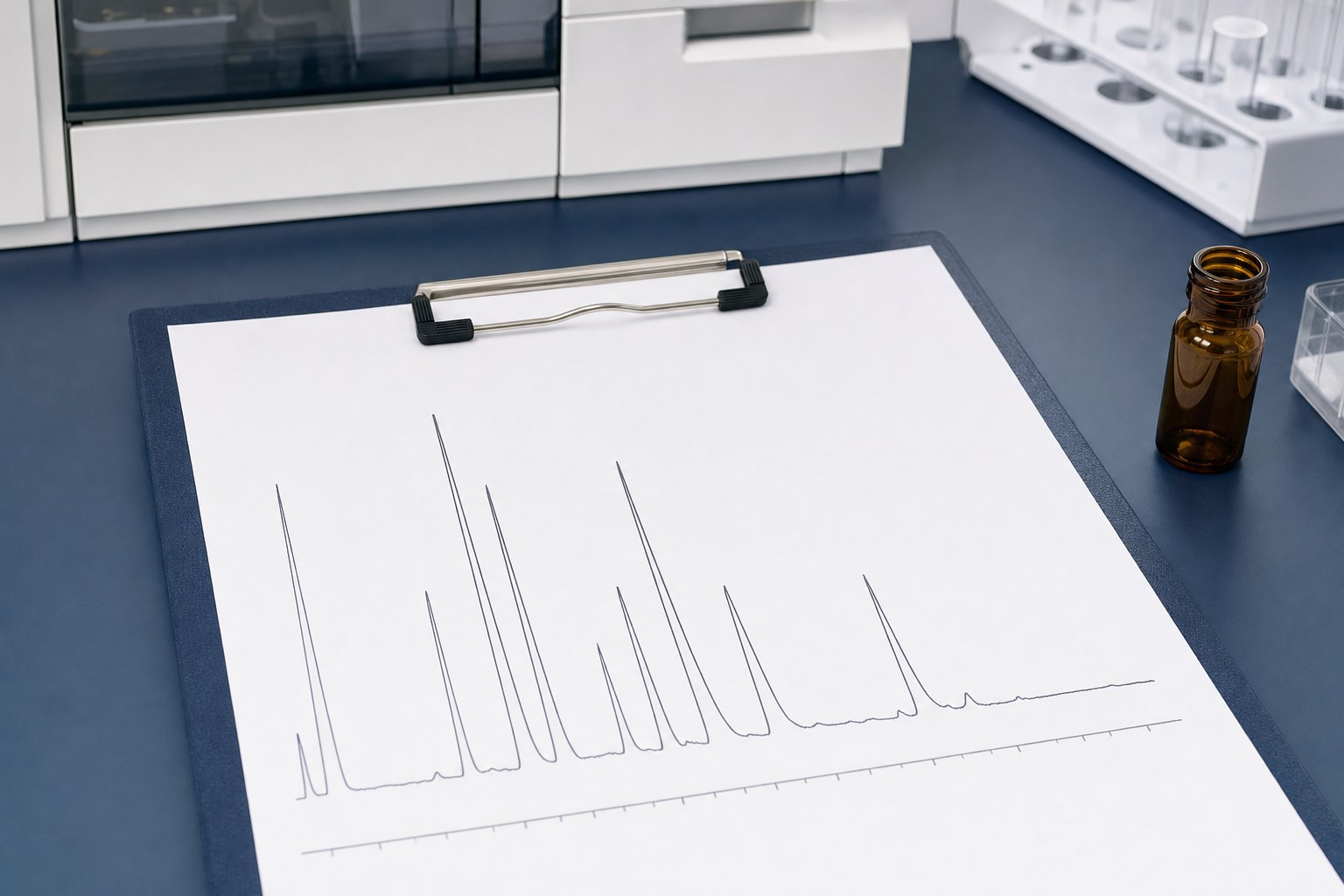 Chromatogram printout on a clipboard beside an analytical laboratory workspace and an unbranded amber vial