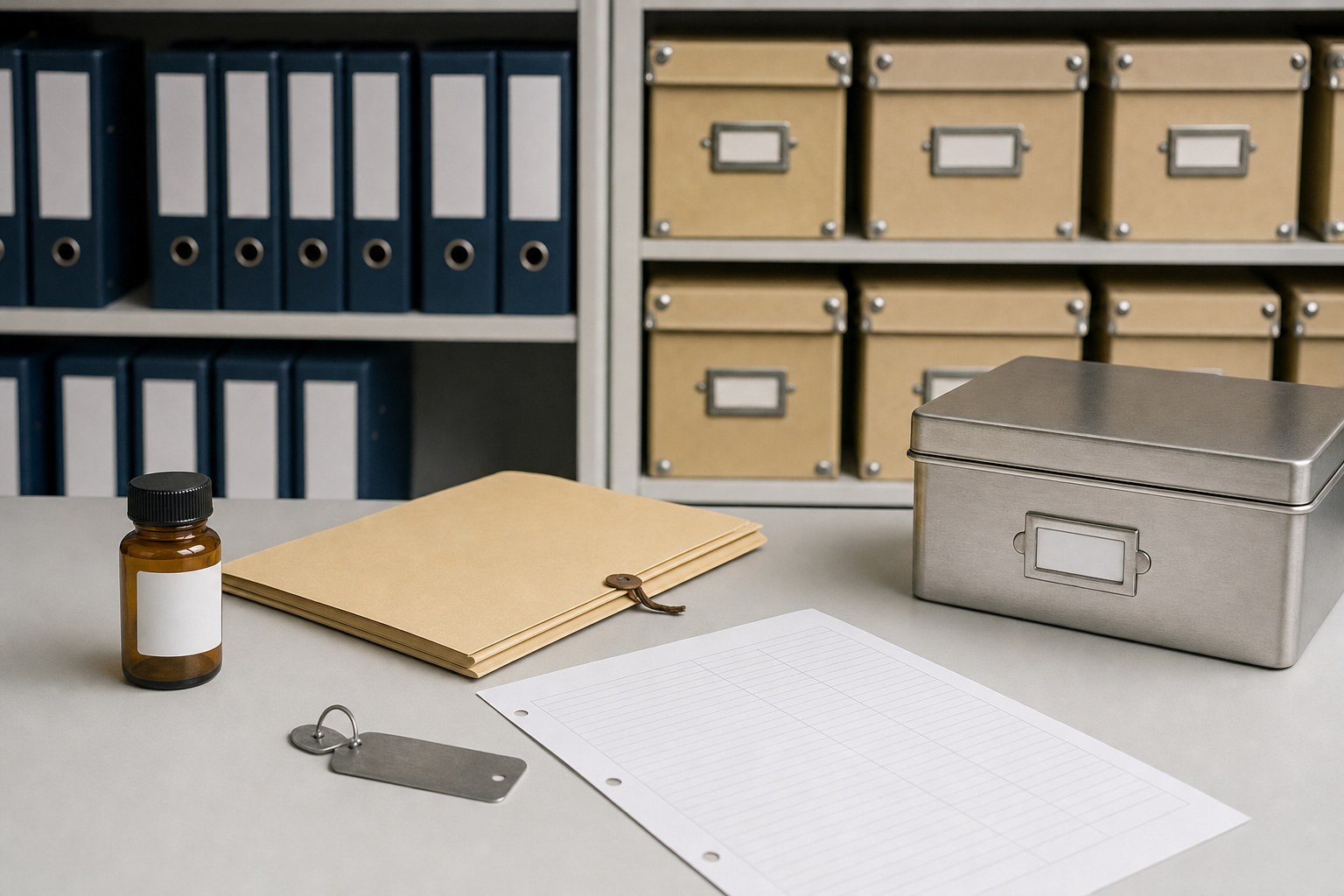 Organized laboratory folders, archival storage boxes, unbranded vial, lot tag, and blank record sheet