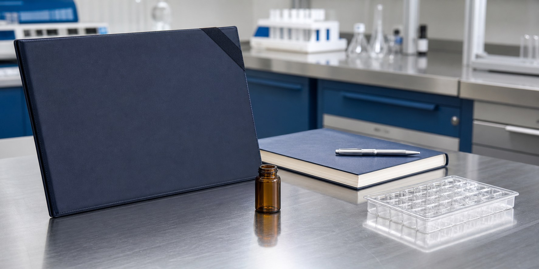 Unbranded research vial, laboratory notebook, and documentation folder on a laboratory bench
