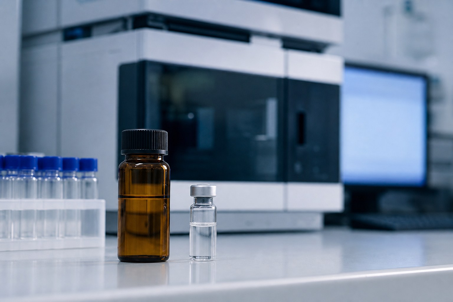 Unbranded research vial and sealed sample vial in front of an analytical laboratory instrument