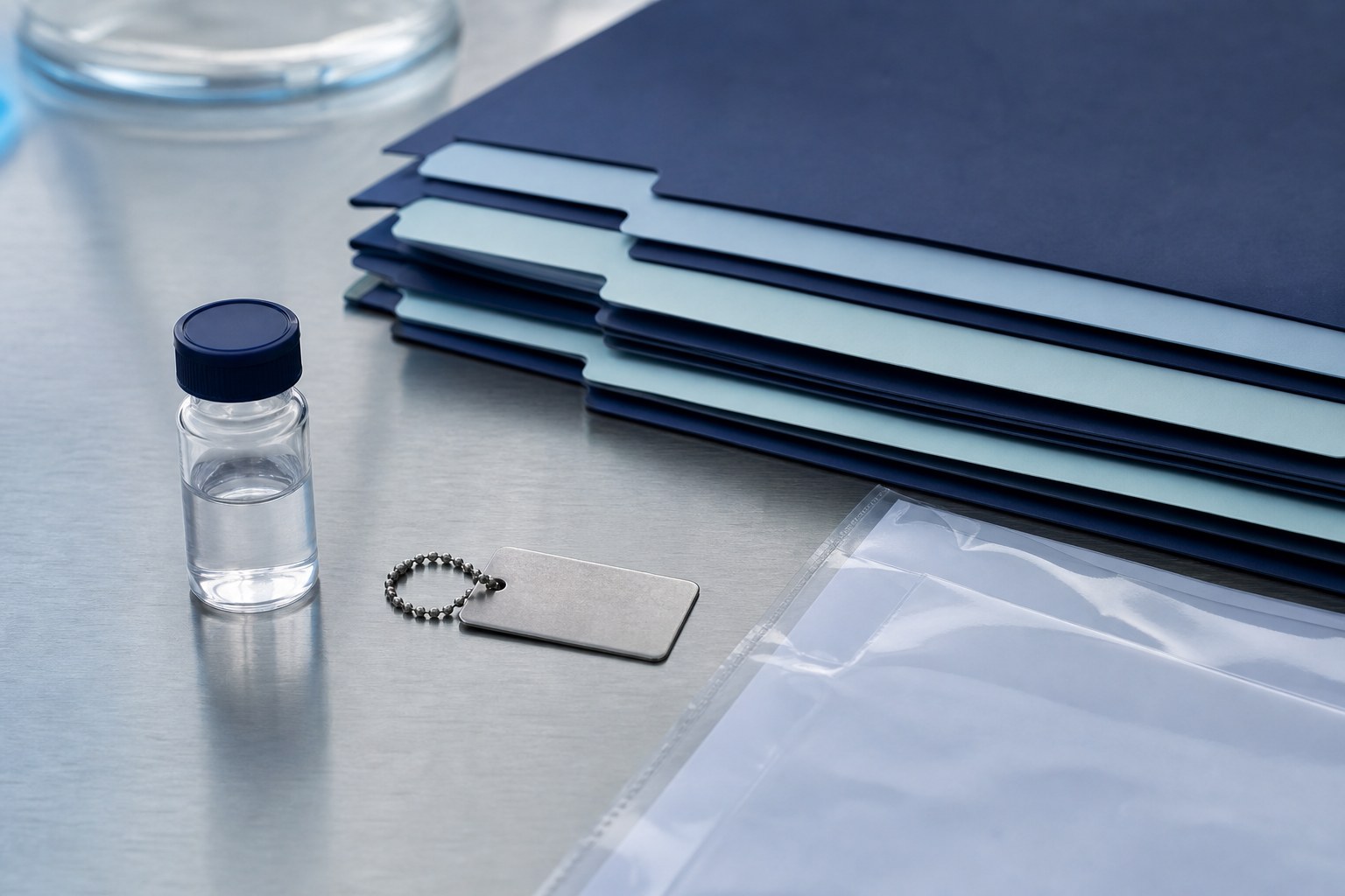 Unbranded laboratory vial, blank lot tag, and organized archival folders