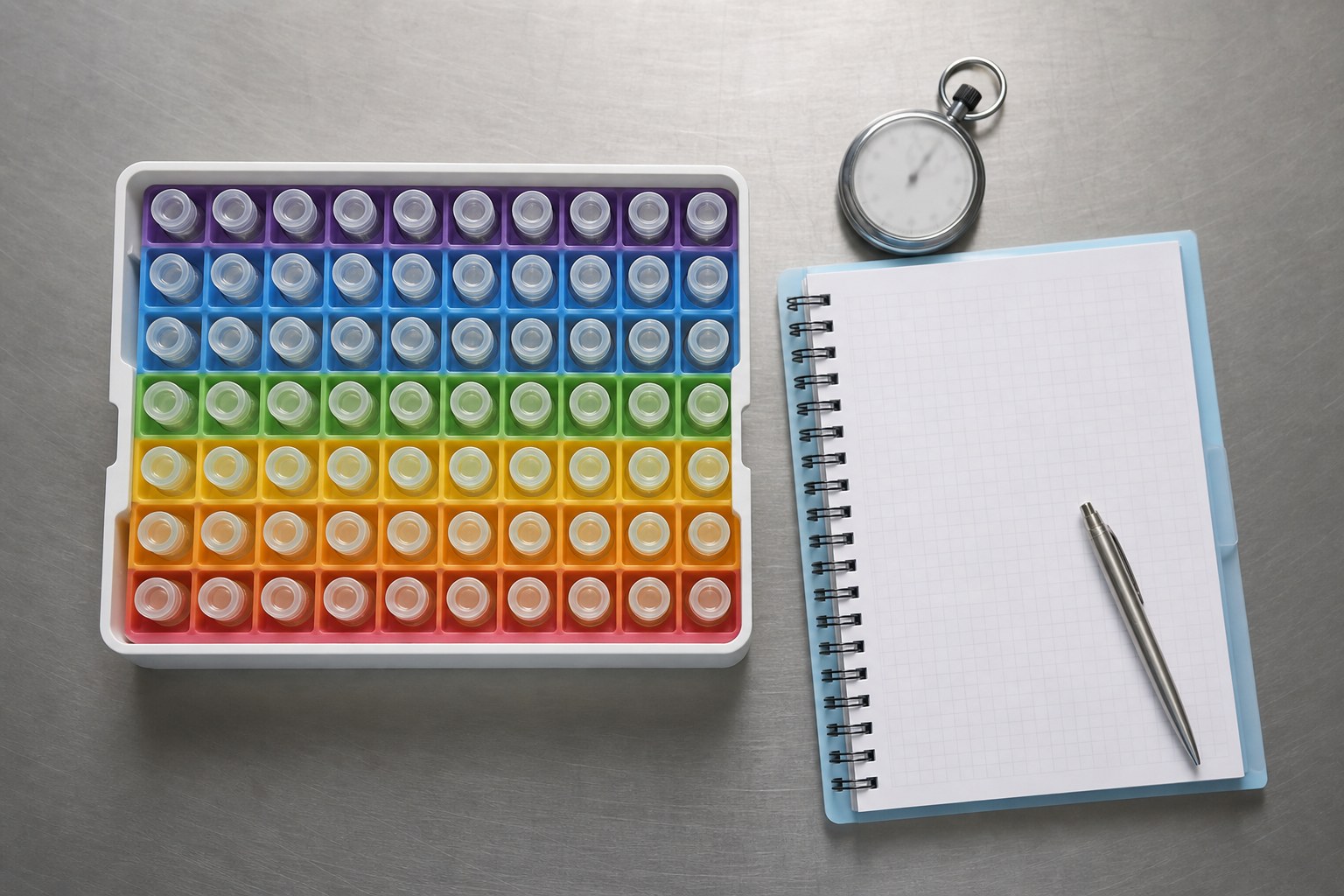 Organized sample tray, blank laboratory notebook, and stopwatch representing documented study timepoints