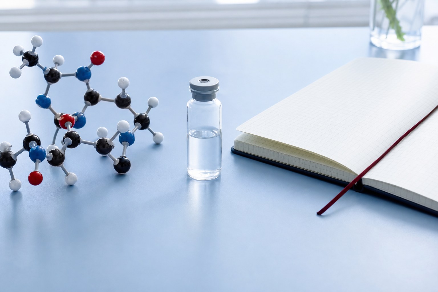 Unbranded research vial, molecular model, and open notebook on a laboratory bench