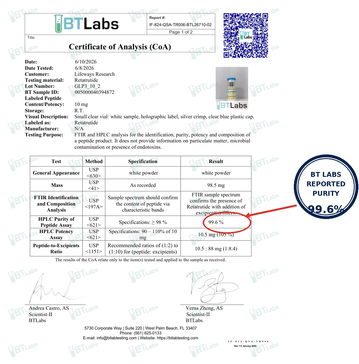 GLP-3RT 10mg BT Labs Certificate of Analysis, 2026 report, page 1