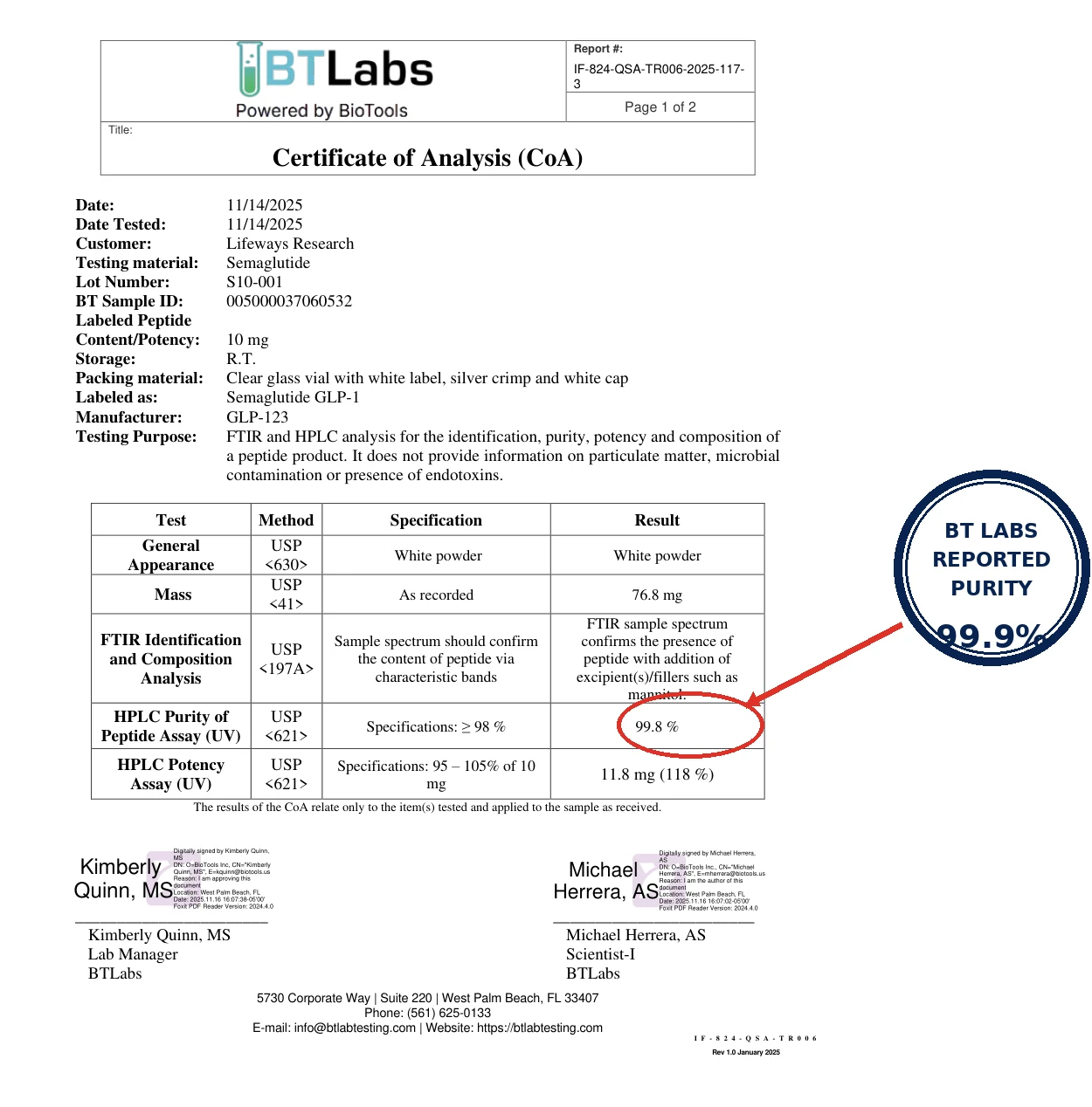 GLP-1 SG 10mg Research Peptide BT Labs Certificate of Analysis, 2025 report, page 1