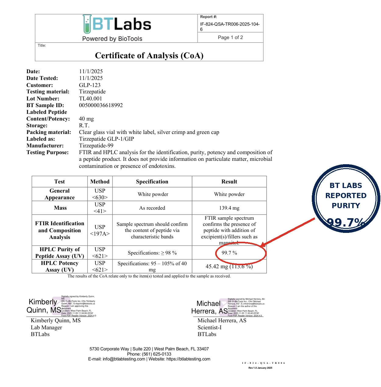 GLP-2TZ 40mg Research Peptide BT Labs Certificate of Analysis, 2025 report, page 1