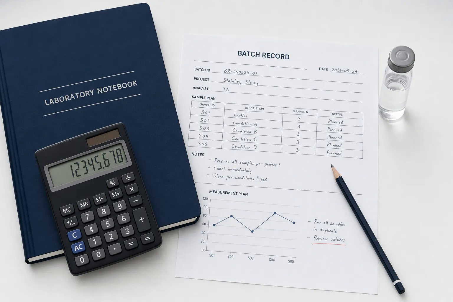 Laboratory notebook, calculator, batch record, and research vial