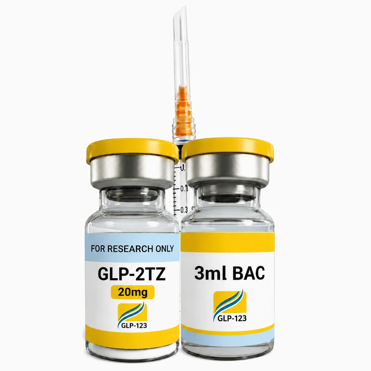 GLP-2TZ research peptide kit with vial, bacteriostatic water, and reconstitution syringe