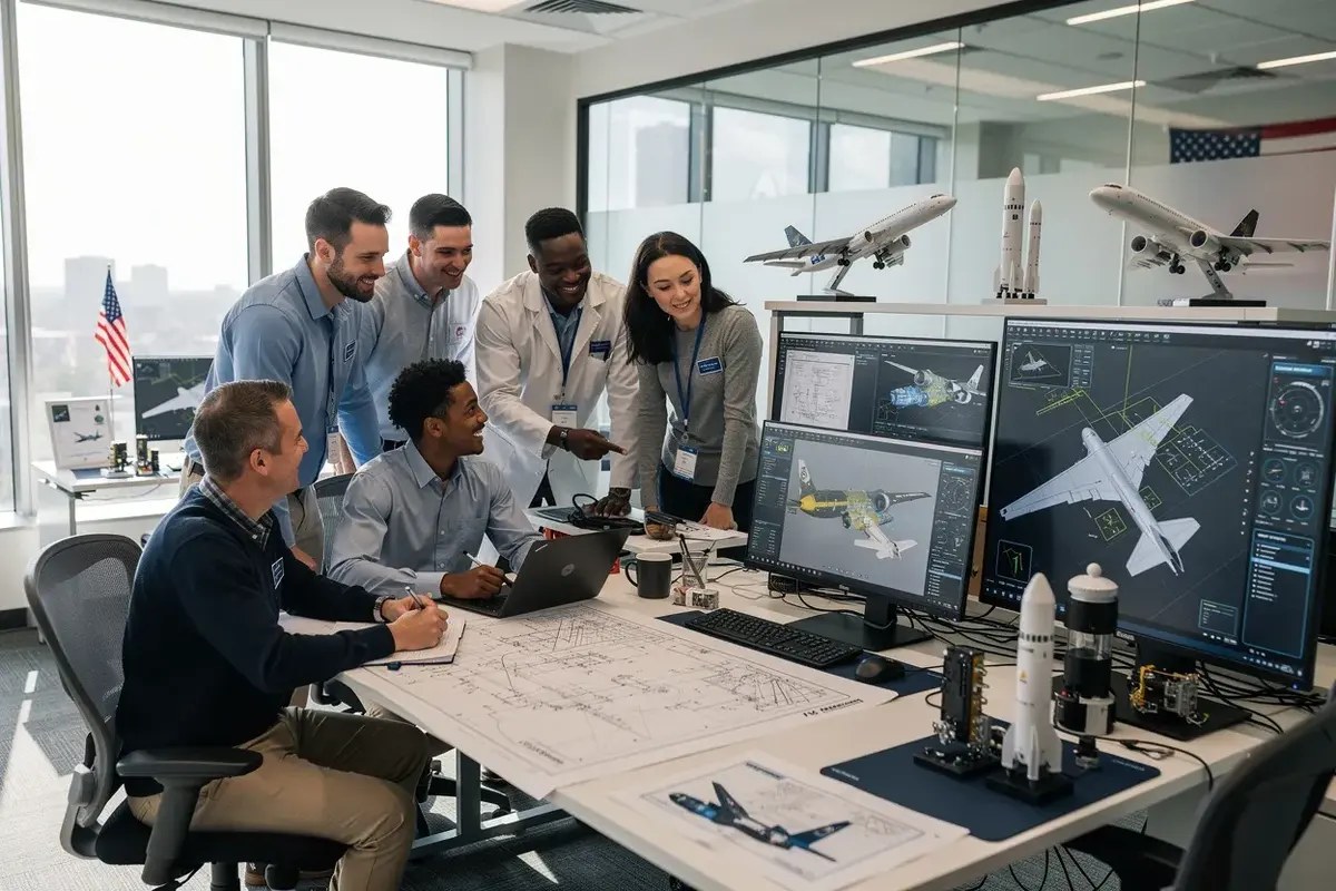 Aerospace engineering team reviewing plans during an operations meeting