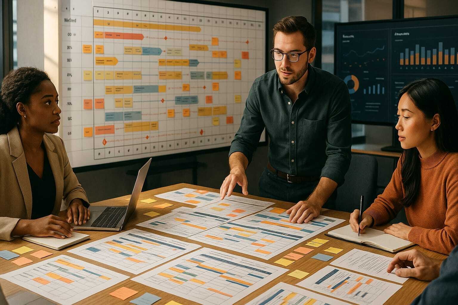 Team collaborating around a project plan in a meeting room