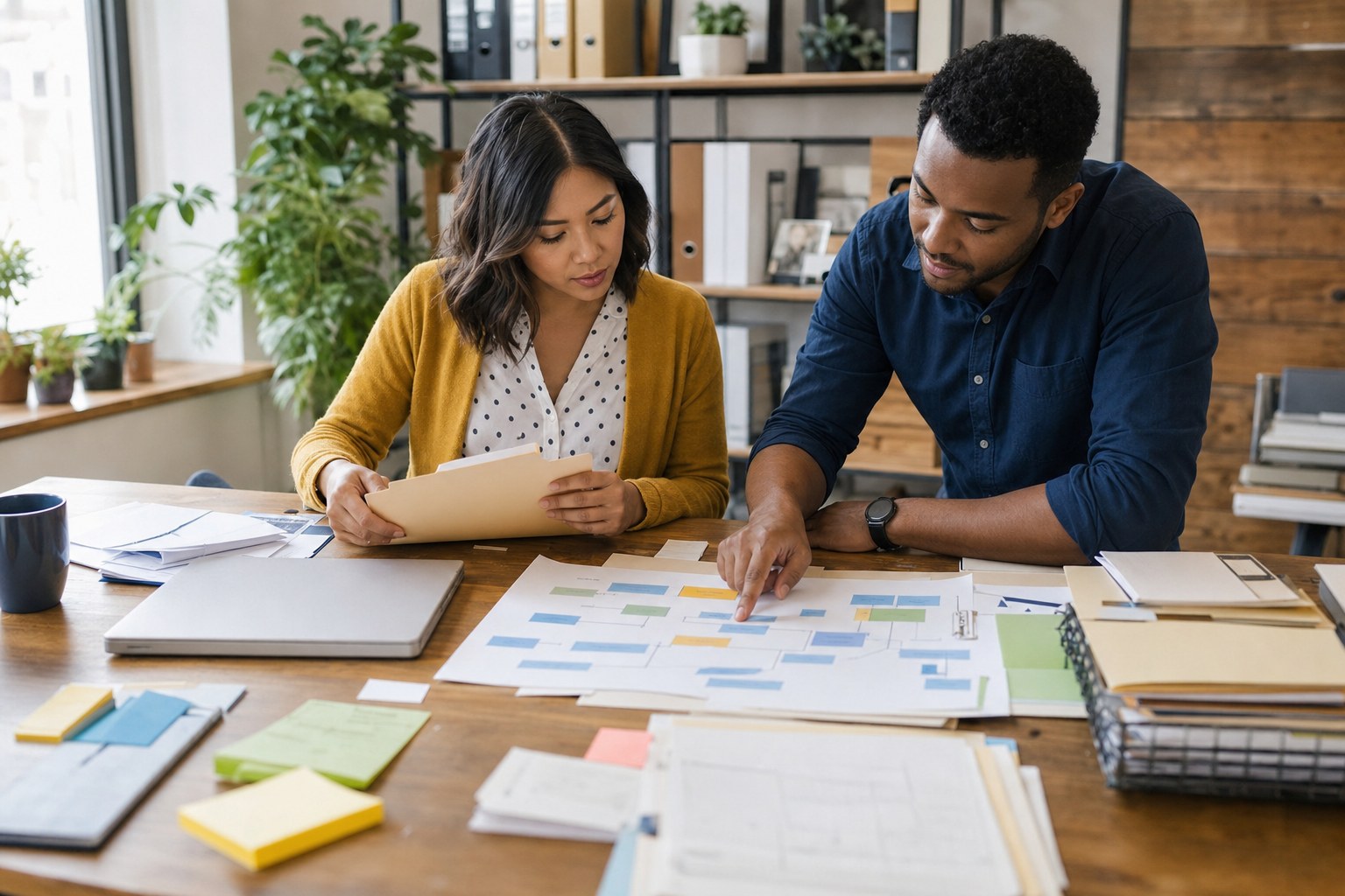 Two operations professionals organizing records and reviewing a process map