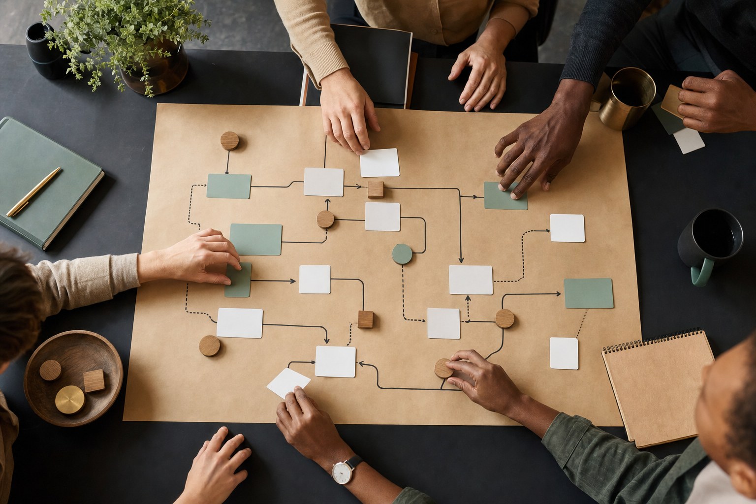 Team members arranging a visual workflow map on a table