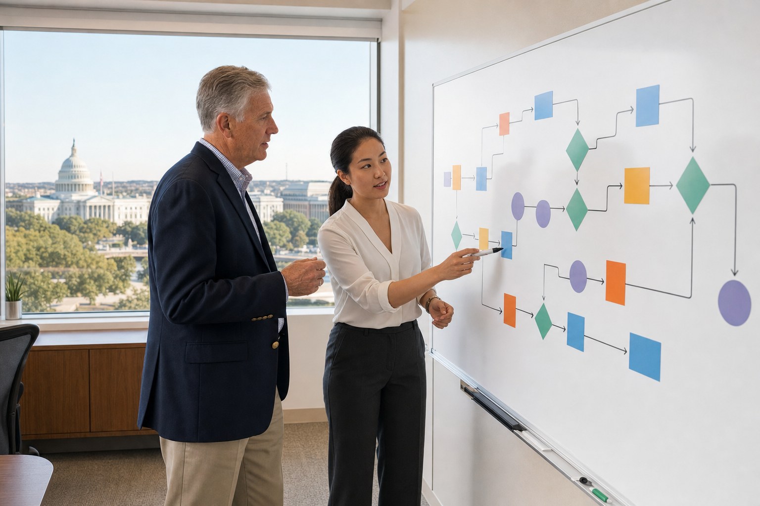 Two operations leaders reviewing a visual workflow together