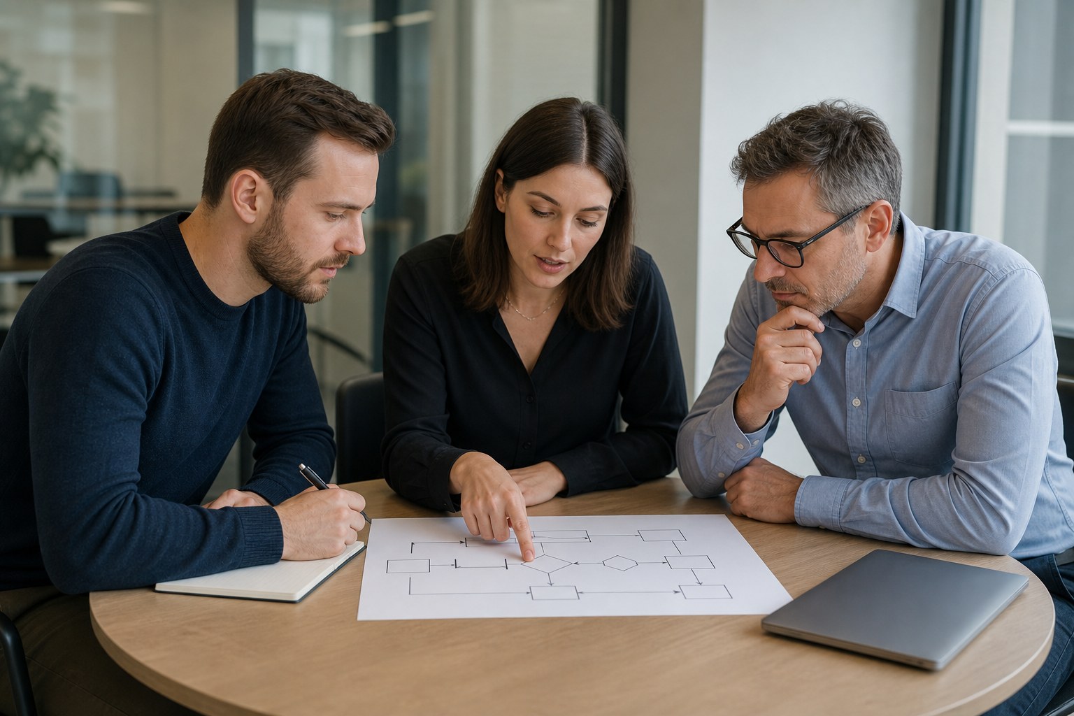 Business team reviewing a simplified workflow before testing a new process