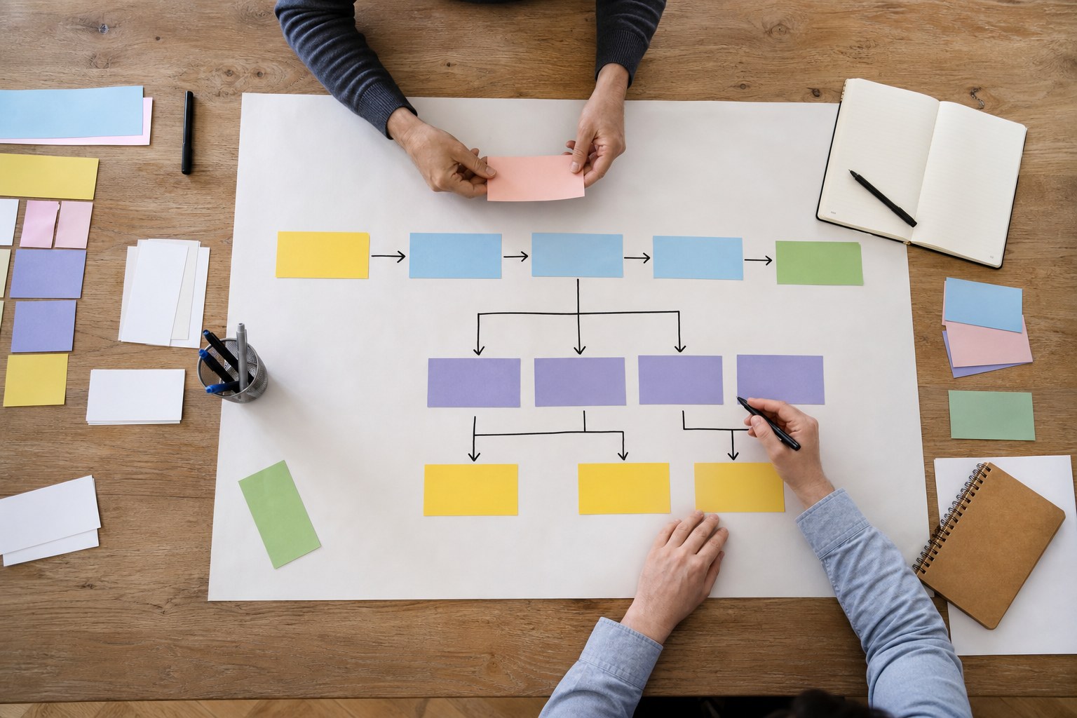 Hands arranging a visual business process map on a workshop table