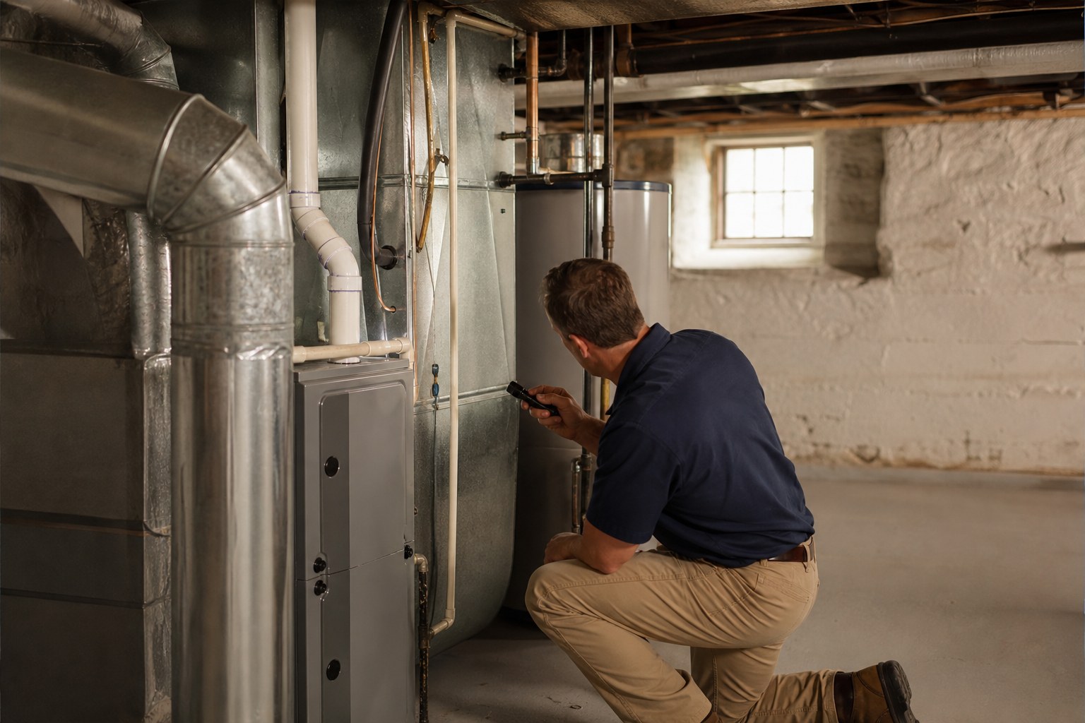 Home inspector examining a home's utility area