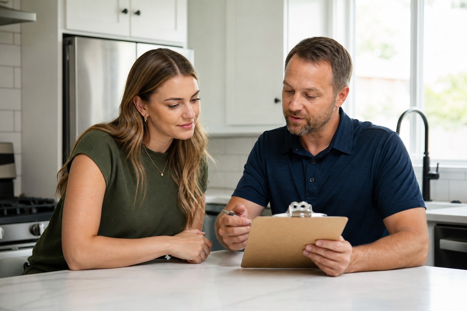 Homebuyer talking through inspection questions with a home inspector