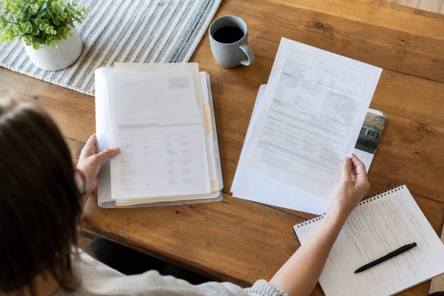 Homebuyer comparing property documents and a written question list