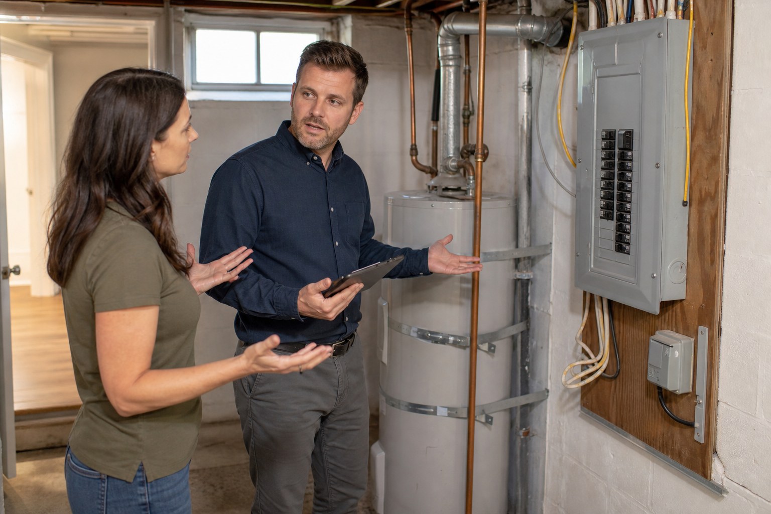 Homebuyer and real estate professional discussing a home's utility area
