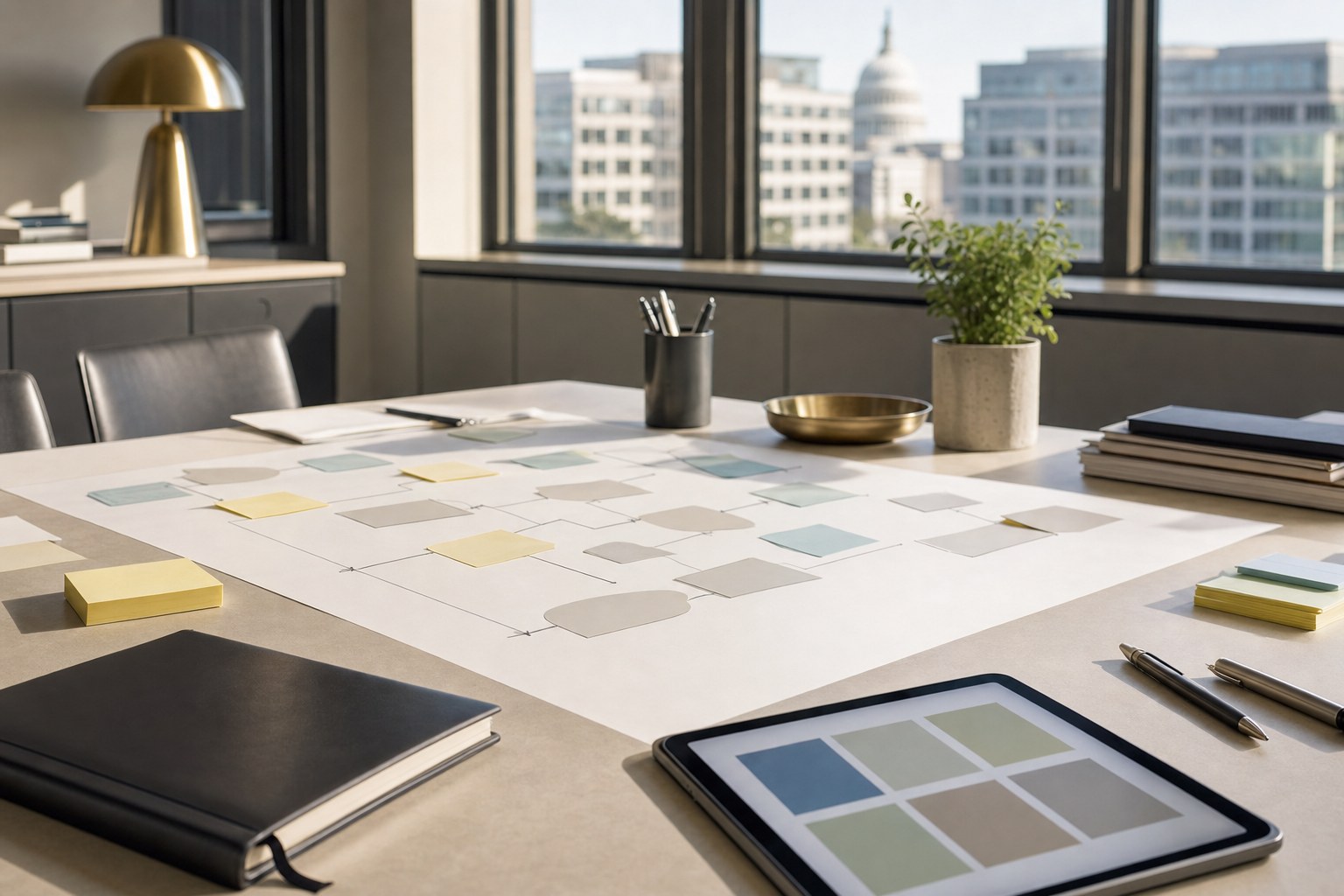 Process map and planning materials on a collaborative workshop table