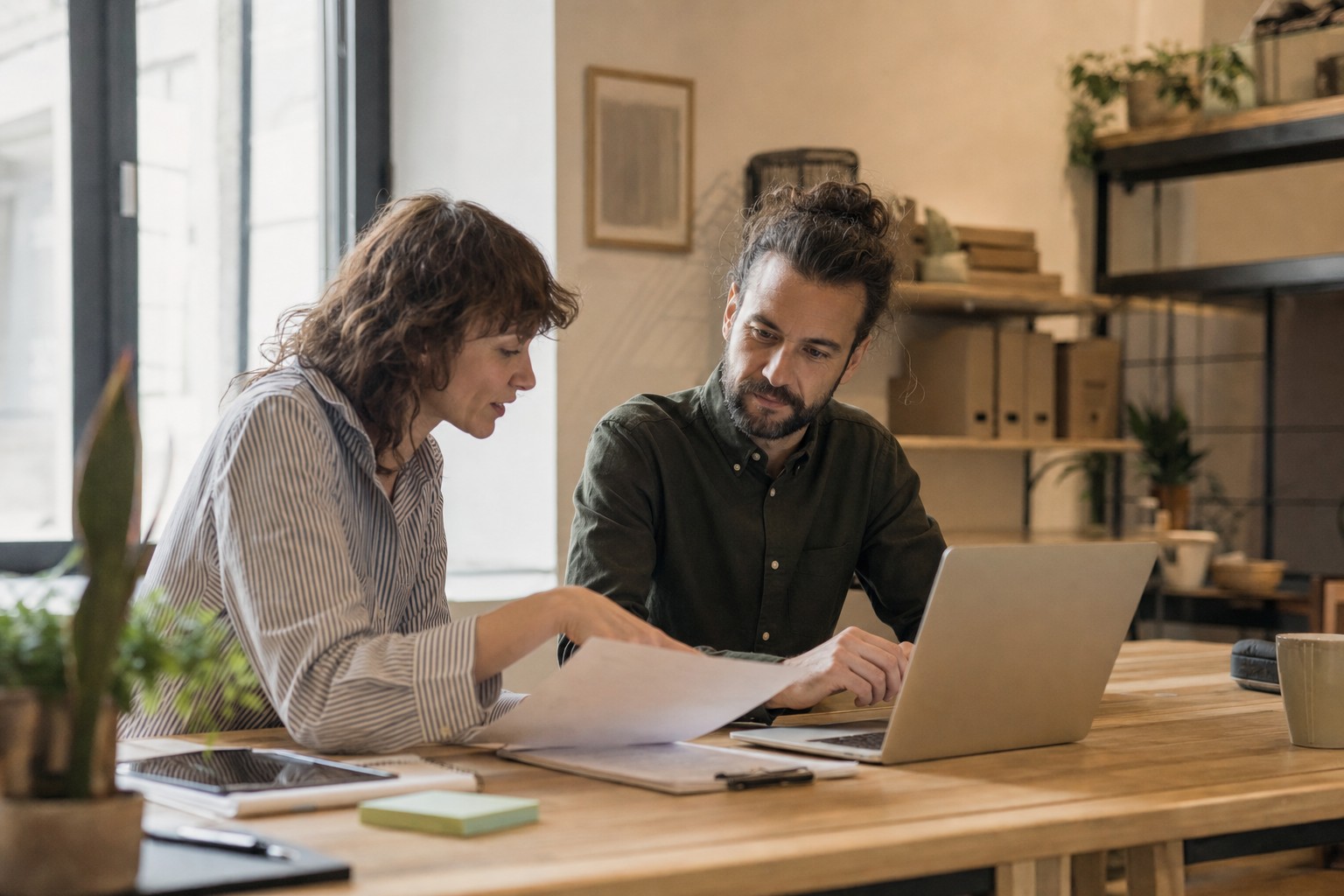 Small business owner and colleague reviewing workflows together in an office