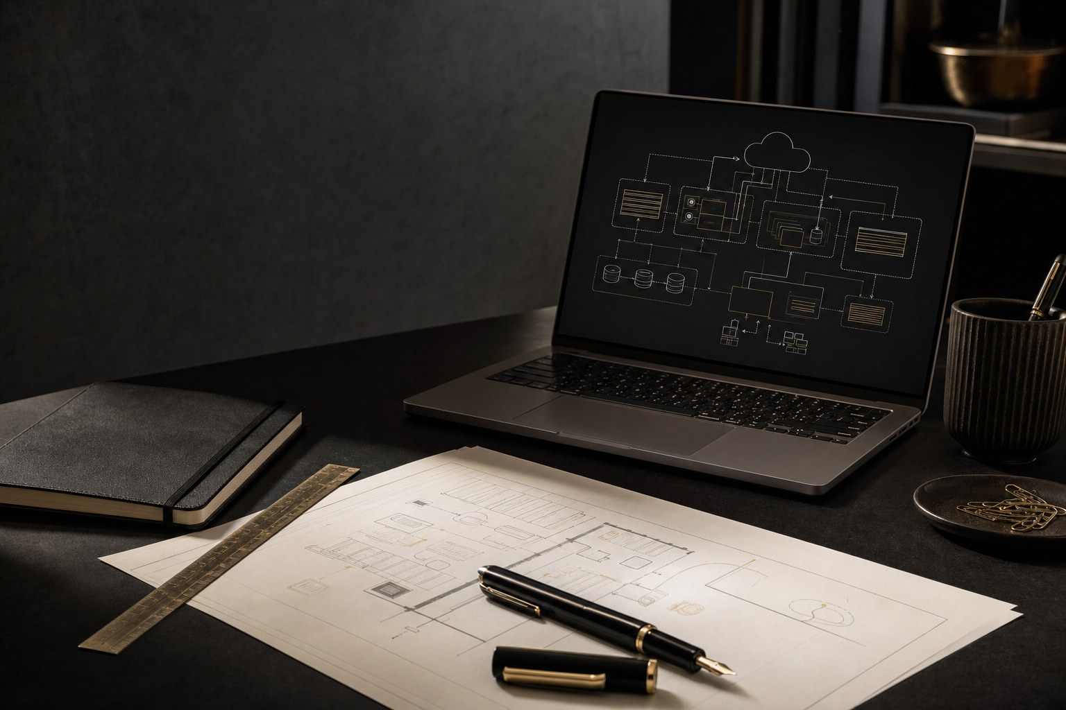 A planned cloud architecture and project materials on a desk