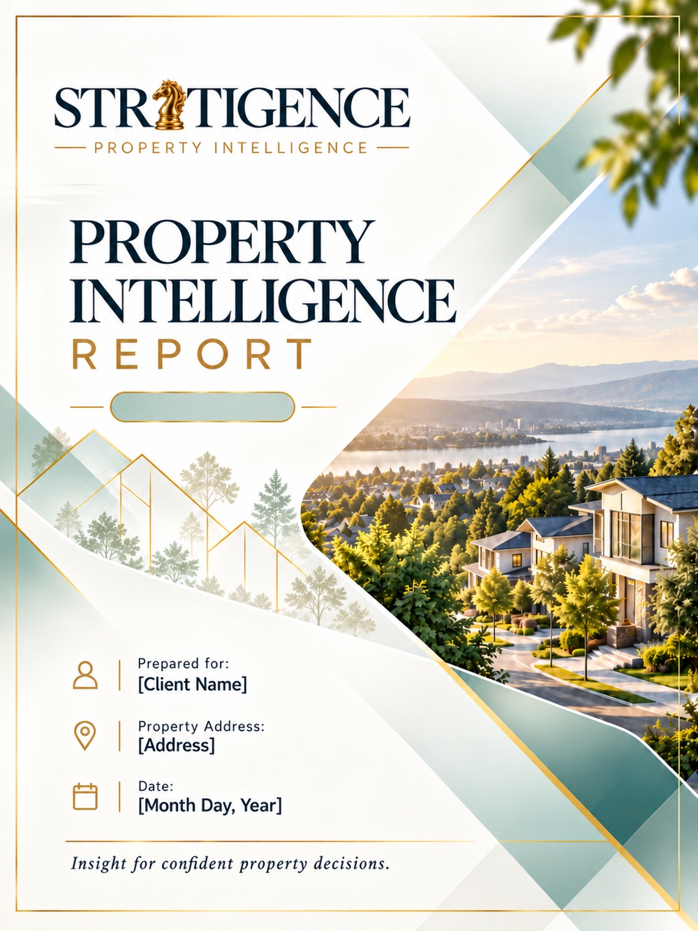 Stratigence Property Intelligence Report cover with a neighborhood and lake landscape
