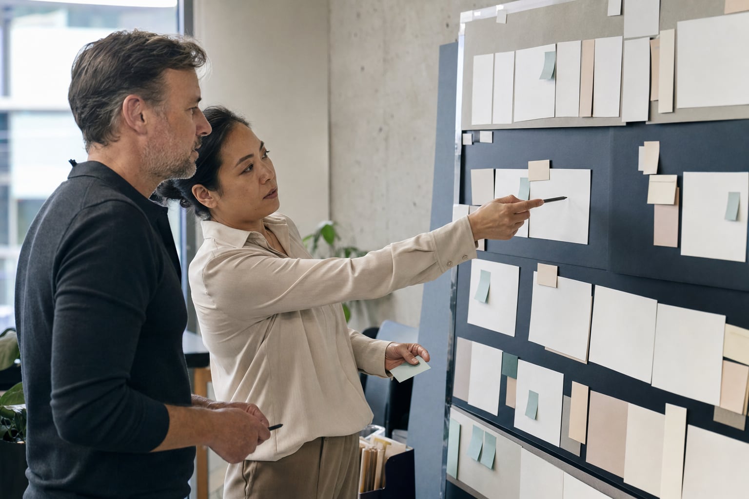 Consultant and client reviewing a workflow board in a working session