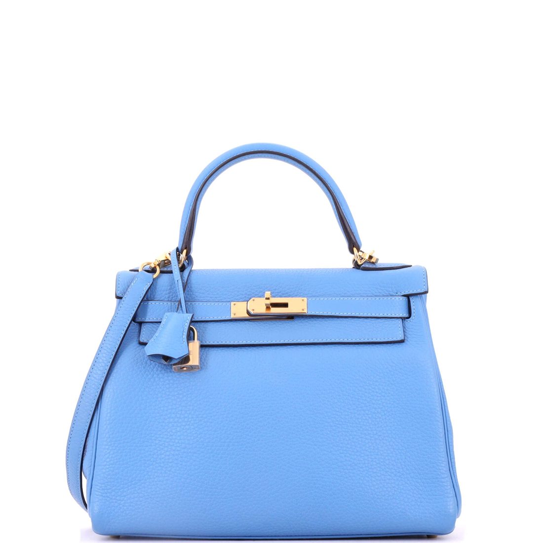 Hermes Kelly Handbag Blue Clemence with Gold Hardware 28