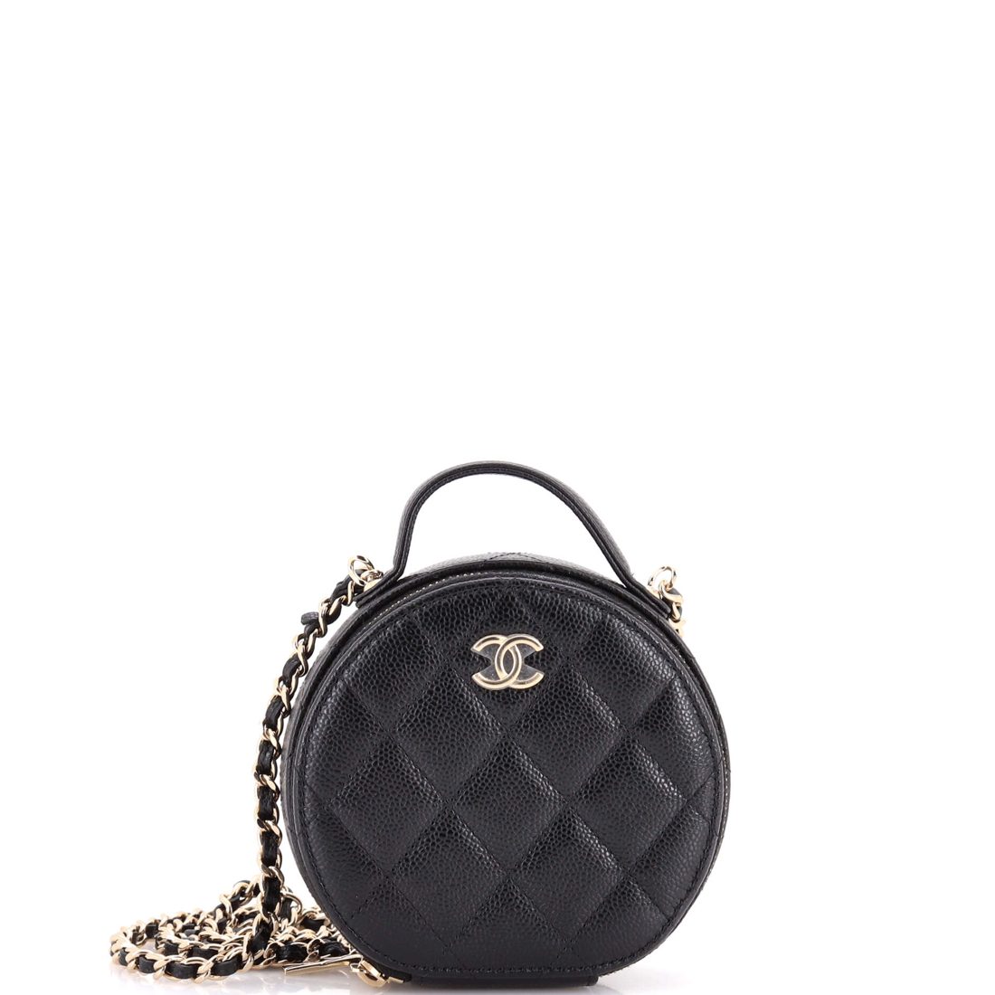 Chanel Handle with Care Round Vanity Case with Chain Quilted Caviar Small