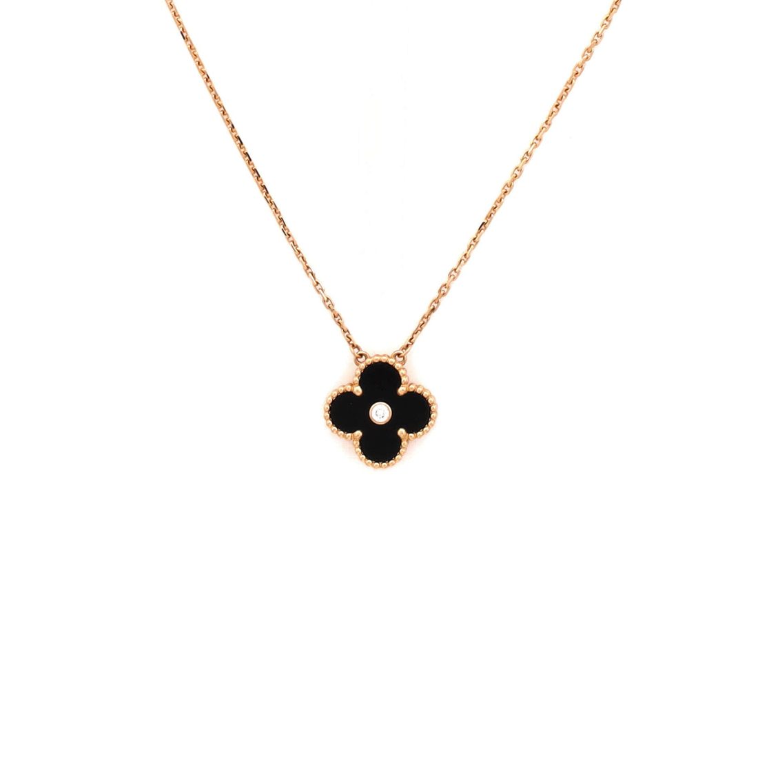 Van Cleef & Arpels Vintage Alhambra Pendant Necklace 18K Rose Gold and Onyx with Diamond 