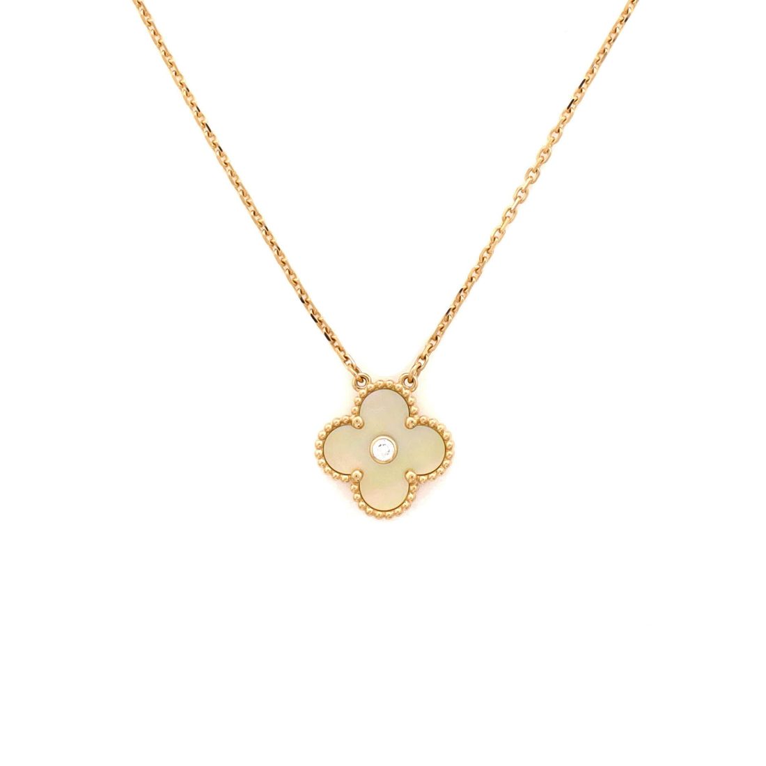 Van Cleef & Arpels Vintage Alhambra Pendant Necklace 18K Yellow Gold and Gold Mother of Pearl with Diamond 