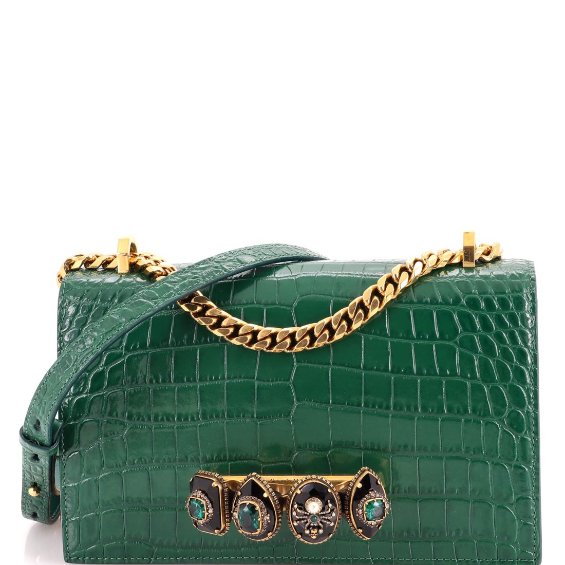 Alexander McQueen Jewelled Flap Satchel Crocodile Embossed Leather Medium