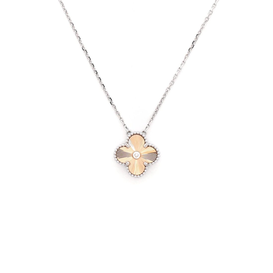 Van Cleef & Arpels Vintage Alhambra Pendant Necklace 18K White Gold and Guilloche 18K Rose Gold with Diamond 